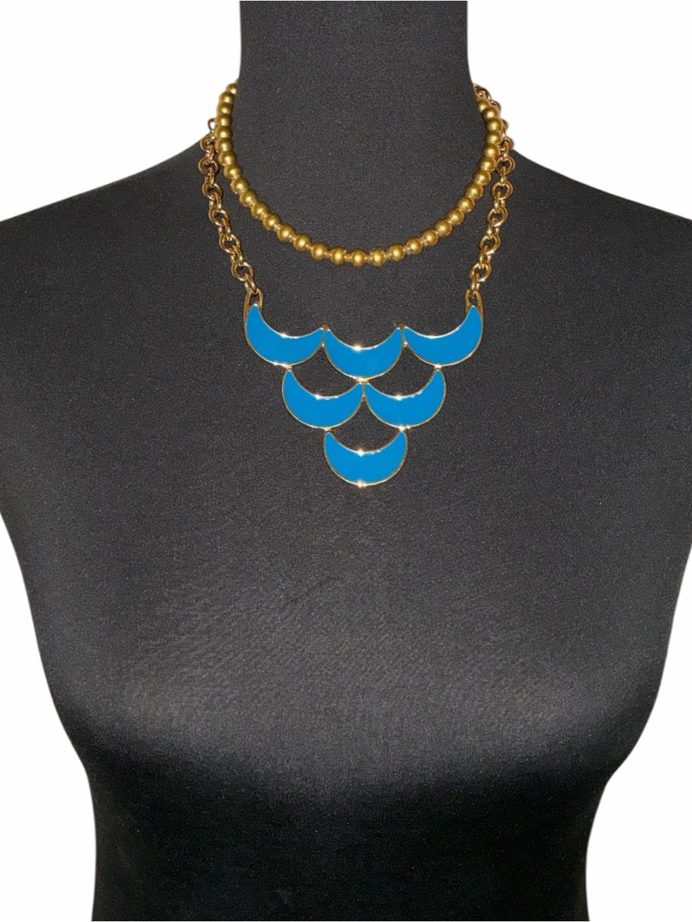 Vintage Monet Necklace Set of 2 Blue Enamel Scallop Bib Gold Tone Bead Choker